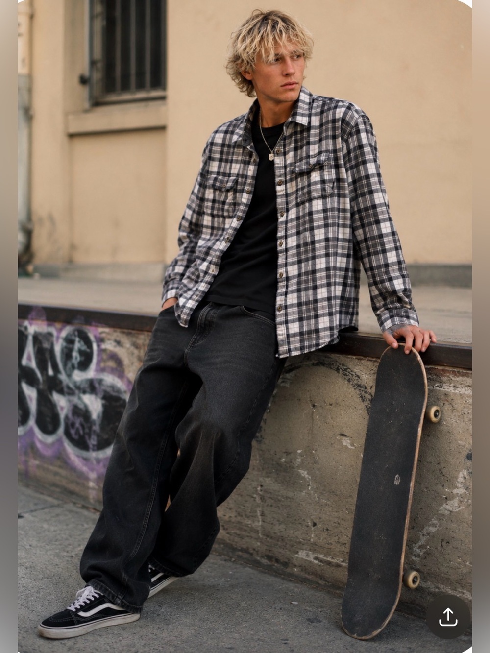 Vans Men's Black and White Plaid Shirt, Medium, 100% Cotton